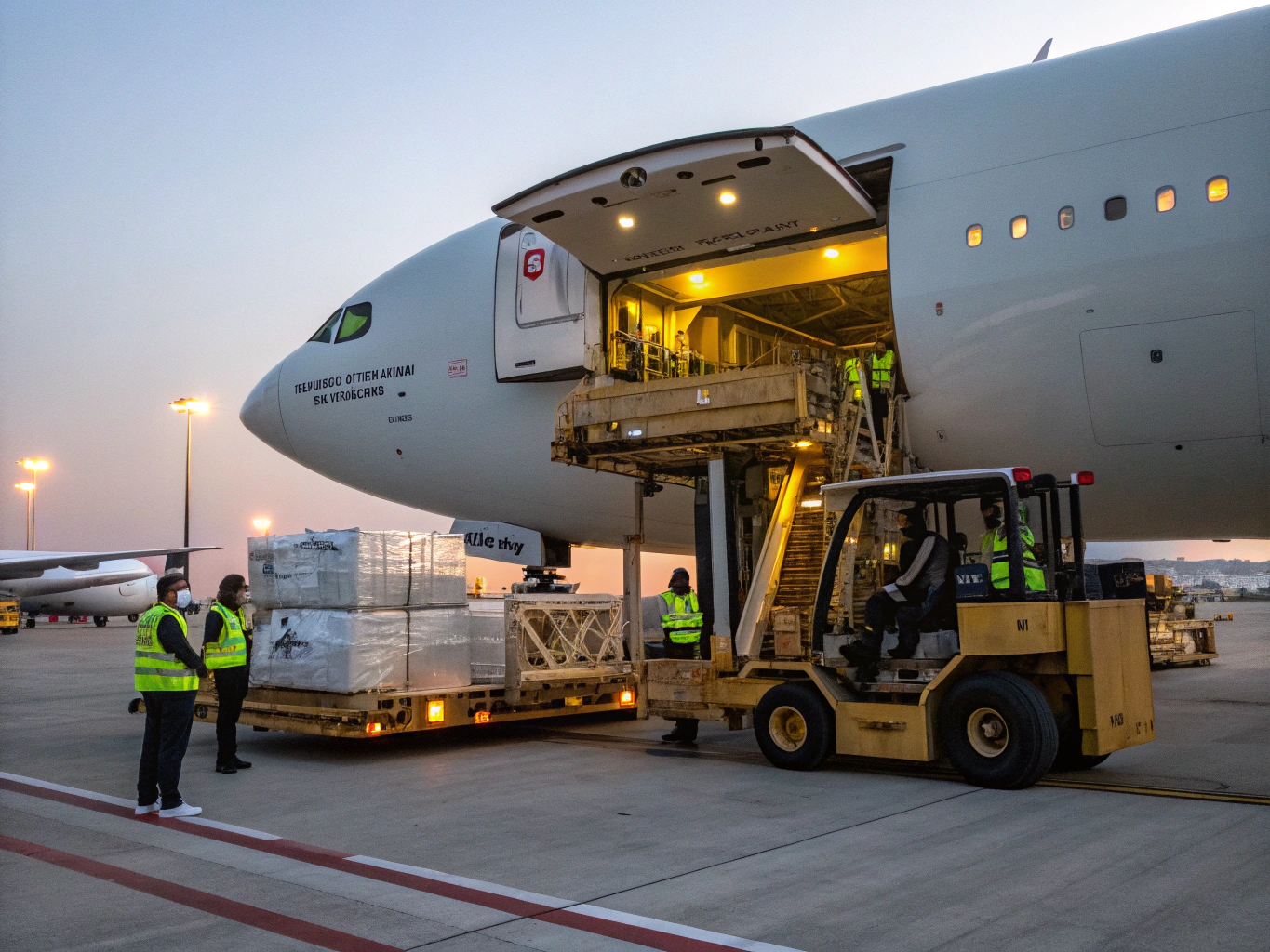 High-priority cargo pallets loading into commercial air freighter