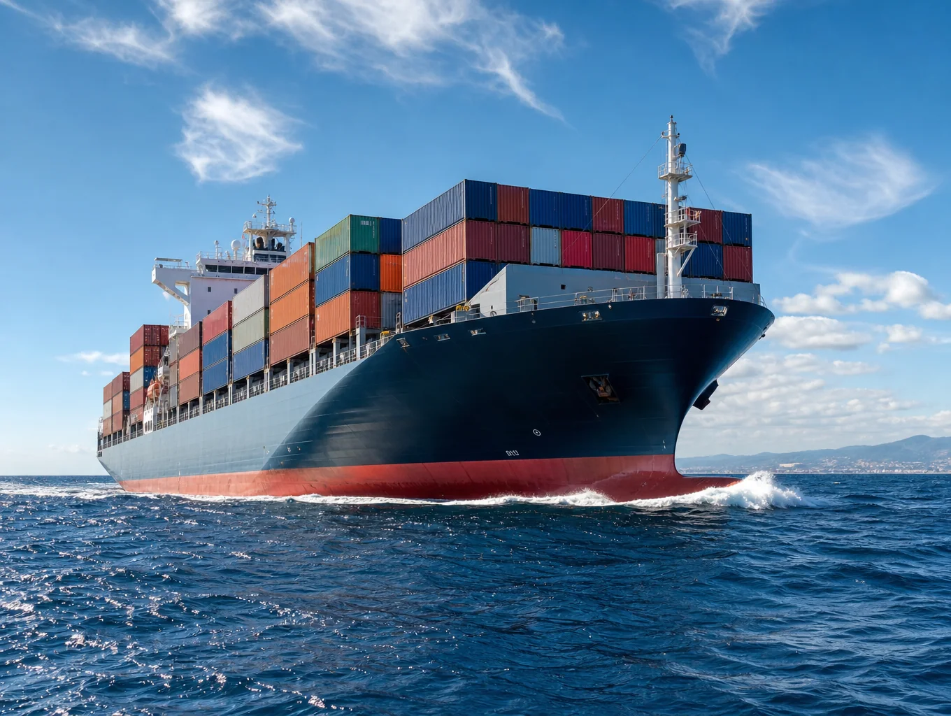 Commercial ocean container ship underway in open coastal waters
