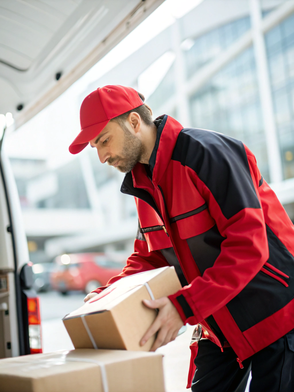 Logistics courier handing verified parcel to commercial client