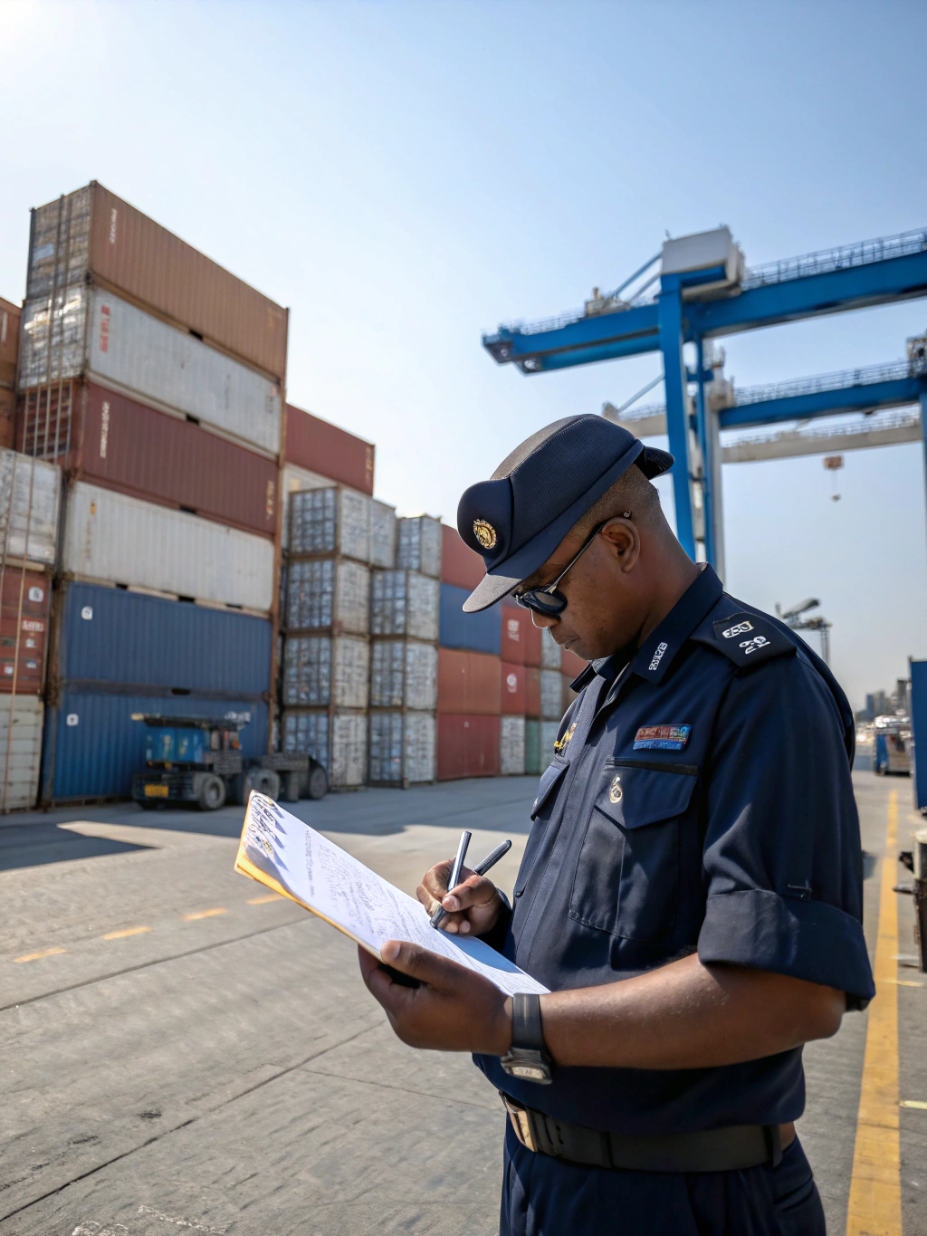 Customs specialist reviewing official shipping documentation and clearance manifests