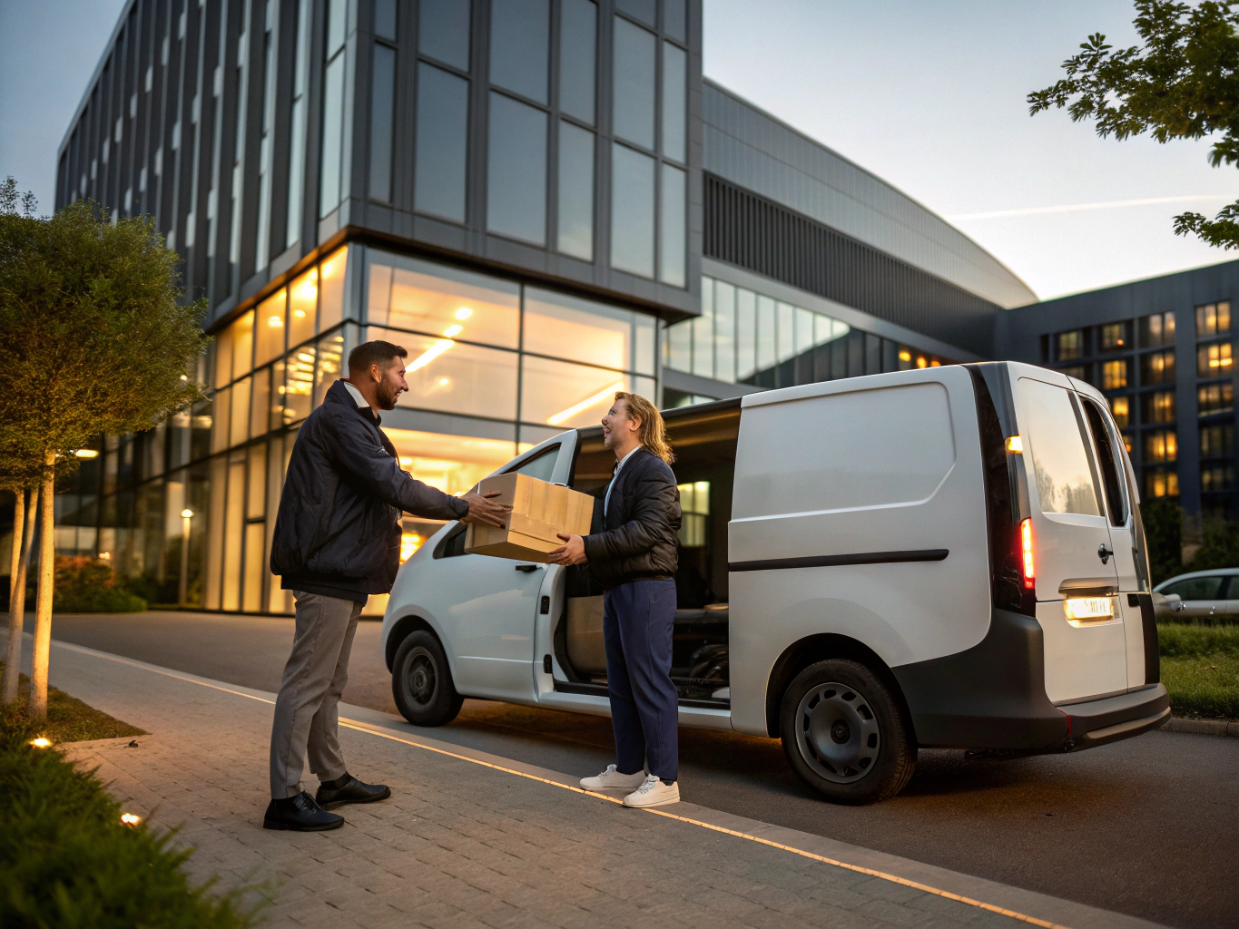 Delivery van at commercial doorstep during parcel handoff