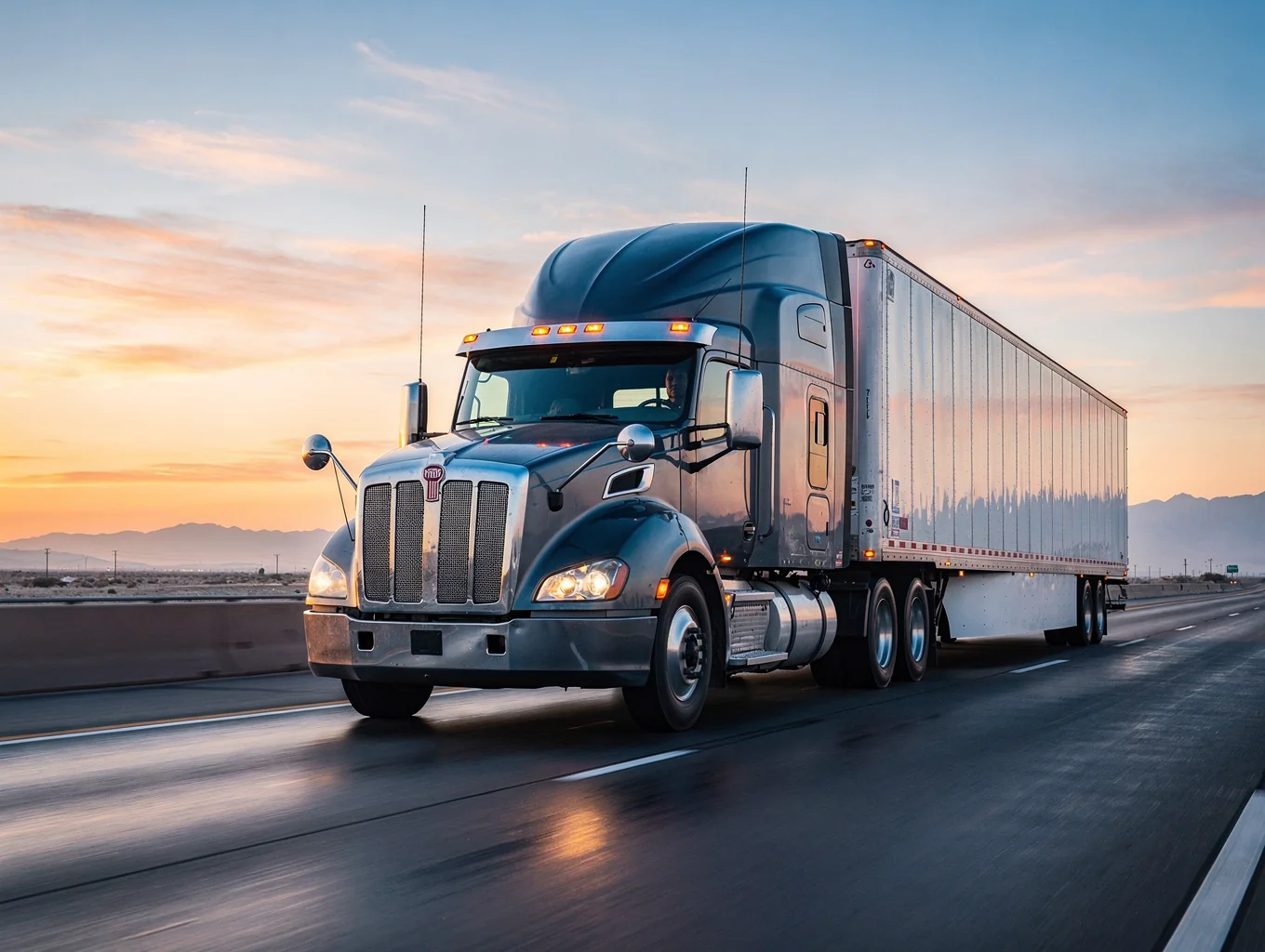 Commercial freight truck transporting dry van trailer on highway