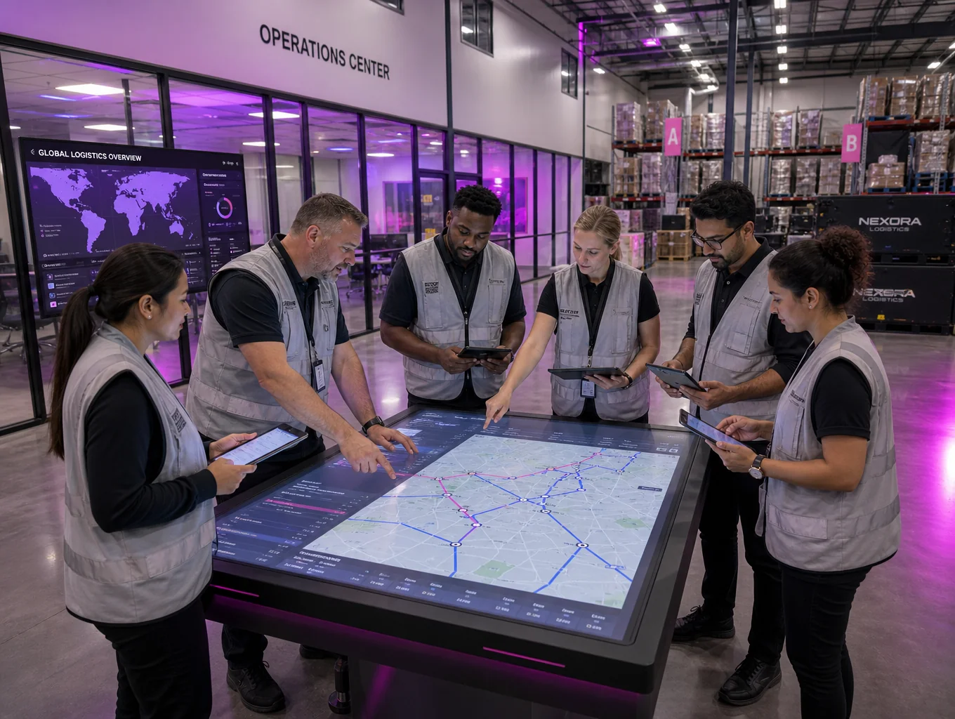 Logistics warehouse management team checking inventory on tablets