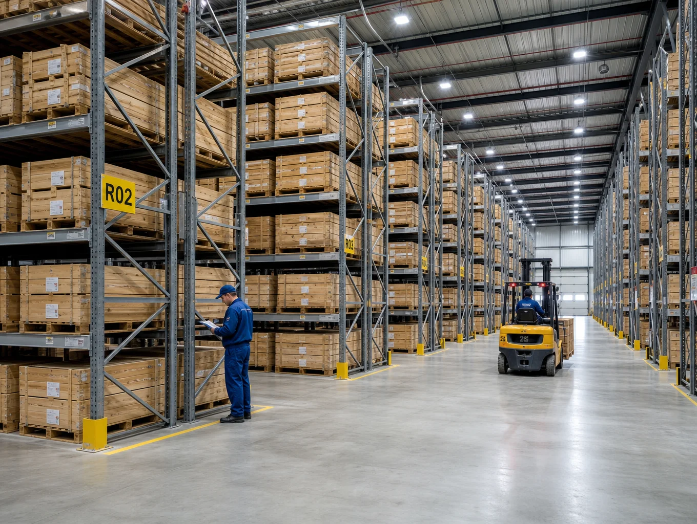 Warehouse interior with tall pallet storage racks and logistics forklift
